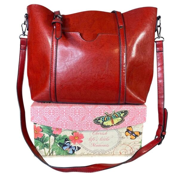 Popoti Red Leather Shoulder Bags Messenger Crossbody Tote with Adjustable Straps - Picture 1 of 13